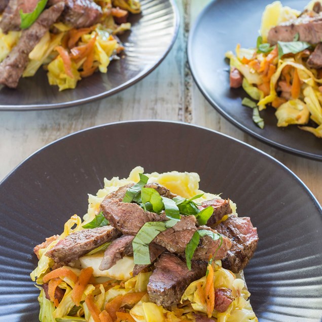 Lamb Rump Steaks with Smoky Bacon Cabbage and Mash