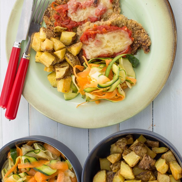 Beef Parmigiana with Crispy Potatoes and Ribbon Salad