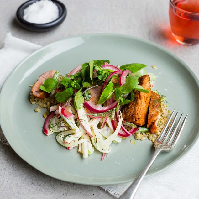 Pork Fillet and Freekeh with Fennel Remoulade and Pickled Red Onion