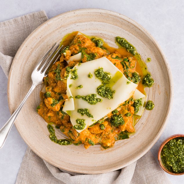 Open Chicken Lasagne with Basil pesto