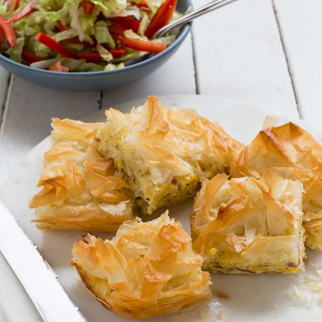 Bacon, Egg and Sweetcorn Filo Pie with Salad