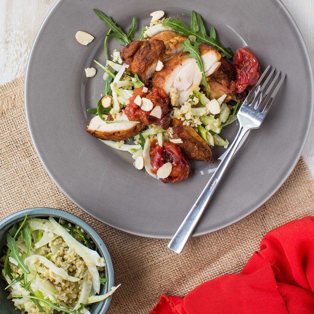 Berbere-Spiced Chicken Thighs with Freekeh Fennel Salad and Smoked Tomato Relish