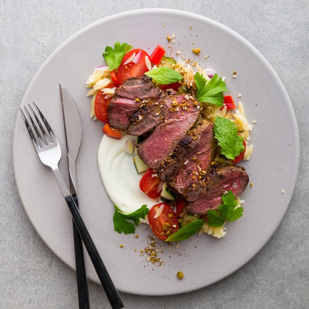 Lamb Rump with Greek Salad and Sumac Pistachio Blend