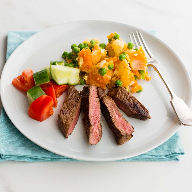 Beef Rump Steaks with Potato and Kumara Smash and Salad
