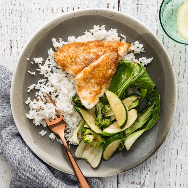 Asian Glazed Fish with Jasmine Rice and Greens 