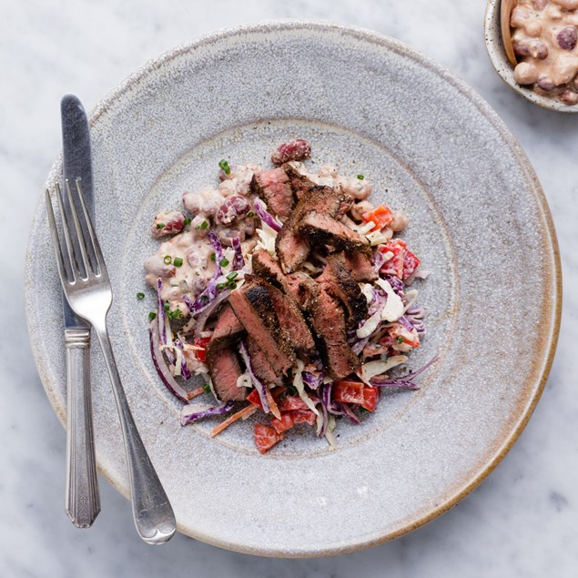 Beef Rump Steaks with Creamy Bean Salsa Roja and Slaw