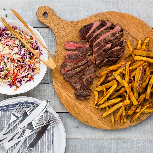 Beef with Spiced Potato Chips and Honey Mustard Slaw