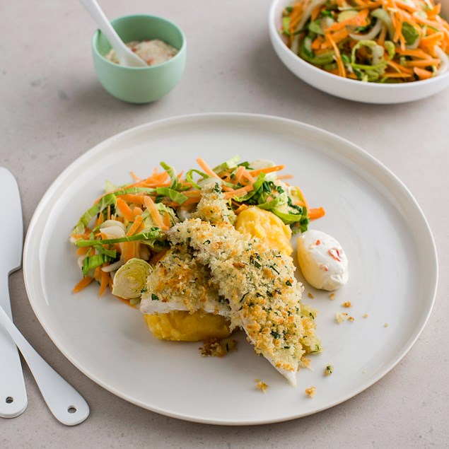 Garlic Butter Fish with Parsnip Mash and Winter Slaw