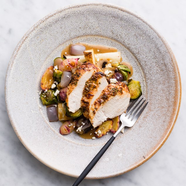 Roast Chicken with Yams, Mushrooms and Gravy