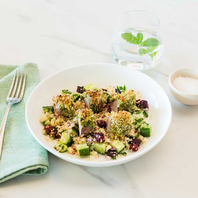 Rocket Pesto Crusted Lamb with Couscous Salad