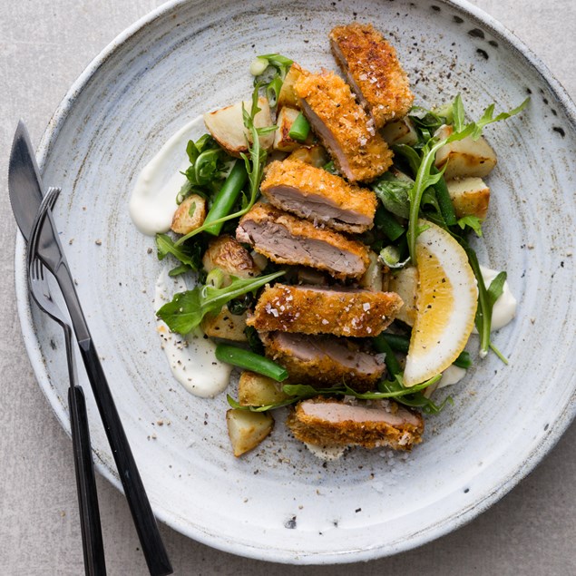 Pork Schnitzel with Rocket, Green Beans and Sour Cream
