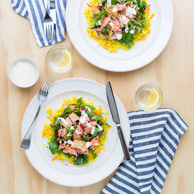 Flaked Salmon Salad with Baked Rice 