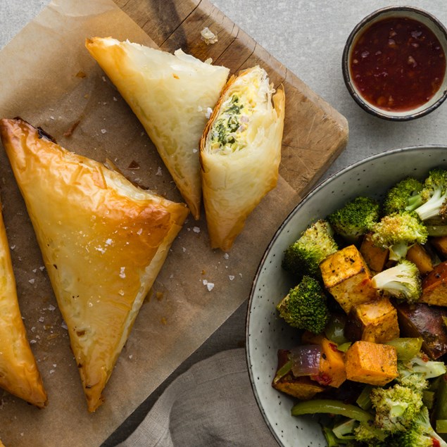 Feta Filos with Chermoula Roasted Veggies