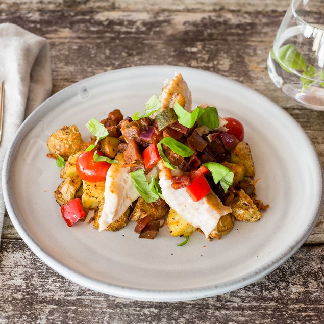 Pan-Fried Fish with Ratatouille and Parmesan Roasted Potatoes