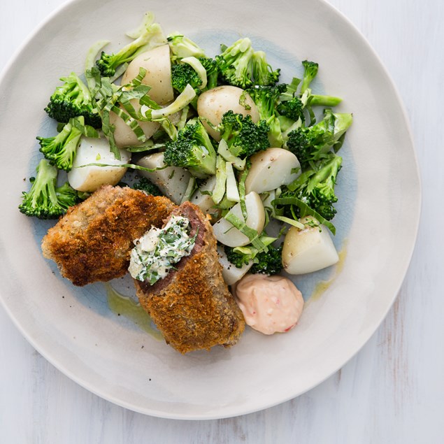 Spinach and Ricotta Stuffed Beef Schnitzel with Sour Cream Potatoes