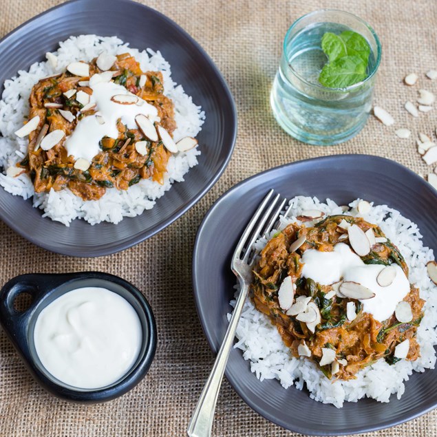 Pulled Lamb Saagwala with Basmati Rice, Yoghurt and Almonds