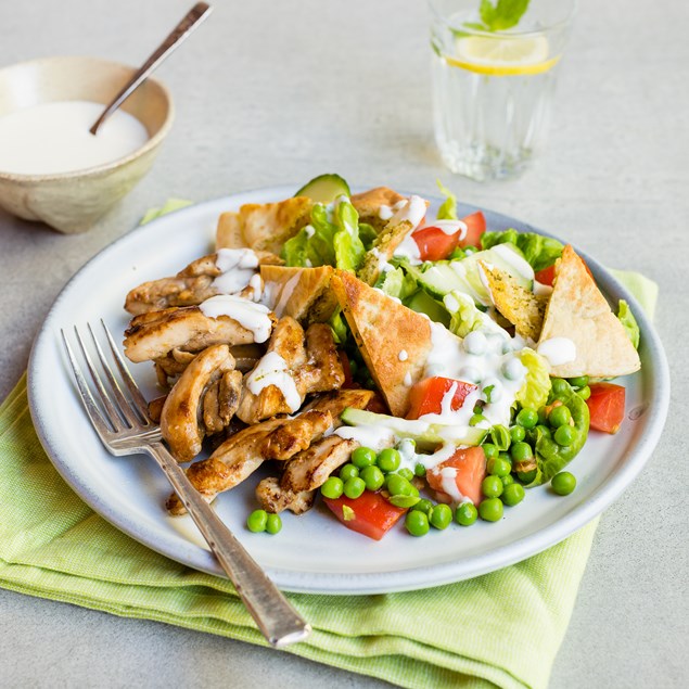 Lemon Chicken with Crunchy Pitas and Pea Salad