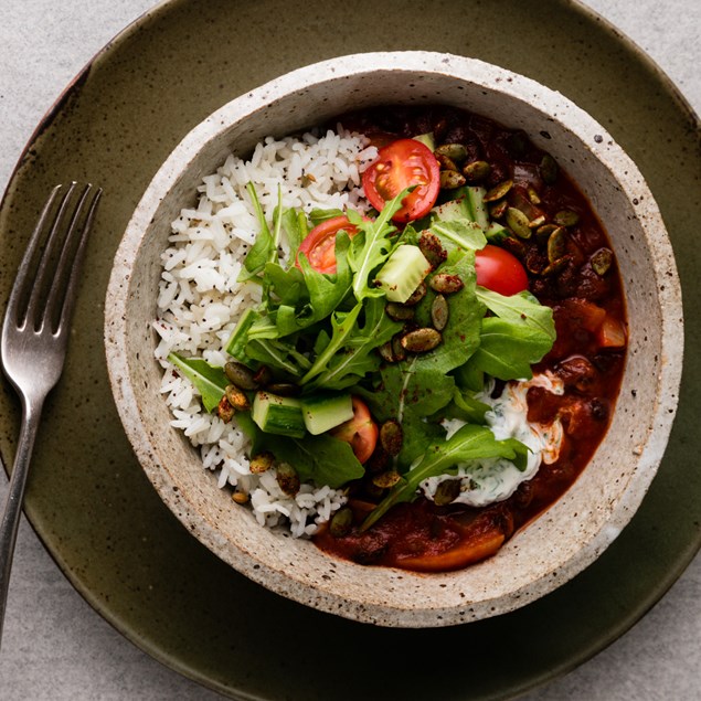 Mexican Kidney Bean Chilli with Seeded Rice and Salsa Verdenaise