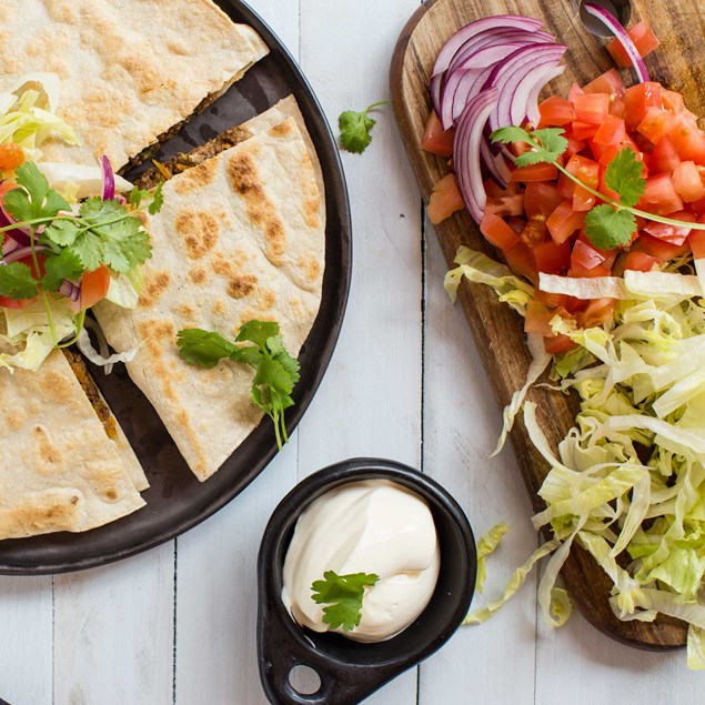 Beef and Vegetable Quesadillas with Sour Cream and Salad