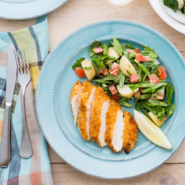 Cajun-Crumbed Chicken Schnitzel with Dijonnaise Potato Salad