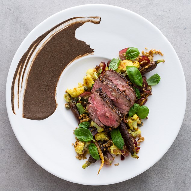 Spiced Te Mana Lamb with Cauliflower and Black Garlic Yoghurt
