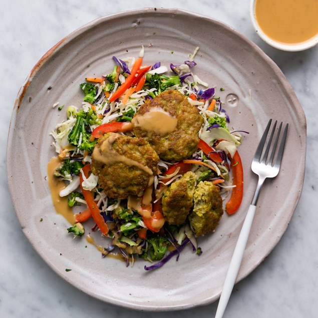 Vietnamese Chicken Patties with Broccoslaw and Peanut Dressing
