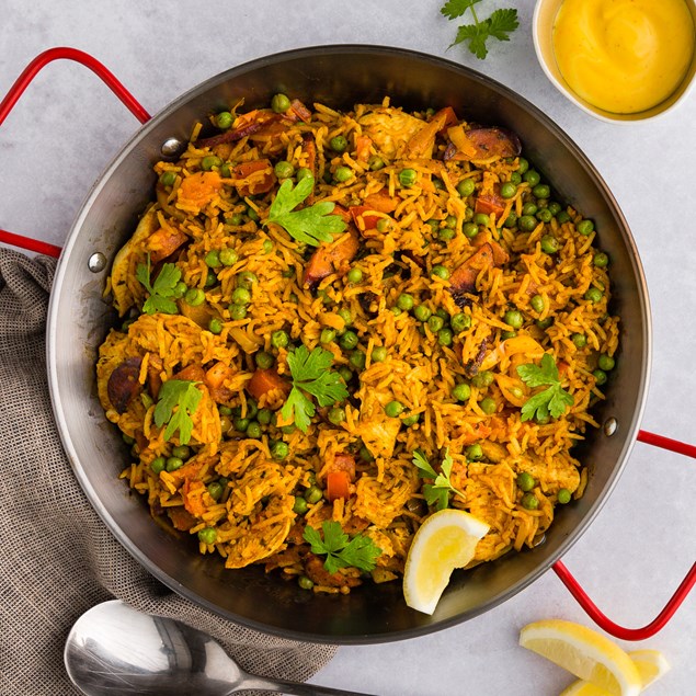 Chicken & Chorizo Paella with Saffron Yoghurt
