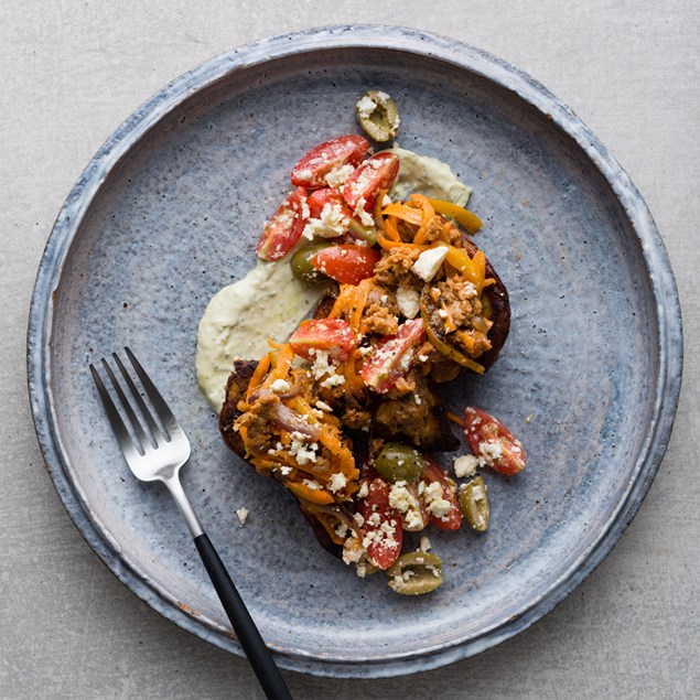 Spanish Chorizo with Baby Kumara and Tomato Olive Salad