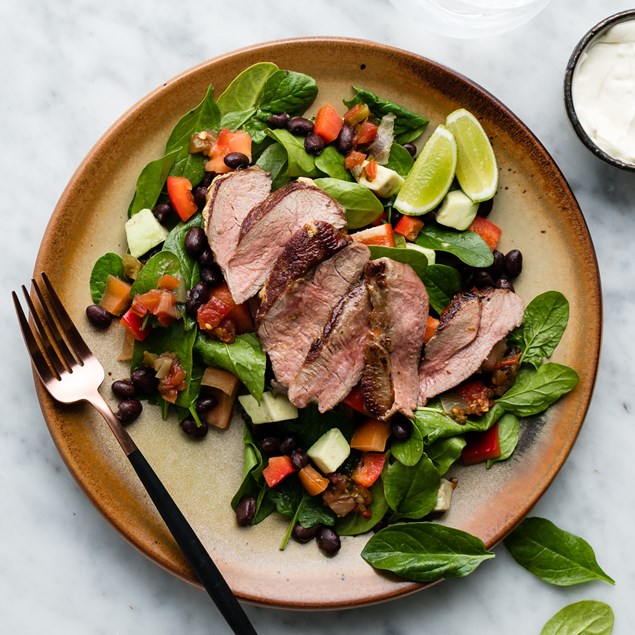 Mexican Lamb Leg Steaks with Avocado Salad and Red Mexican Sauce