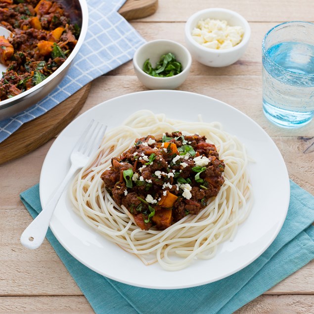 Venison and Beef Bolognaise with Quinoa Rice Spaghetti