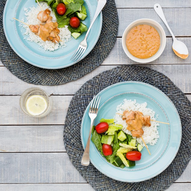 Chicken Skewers with Satay Sauce and Coconut Rice