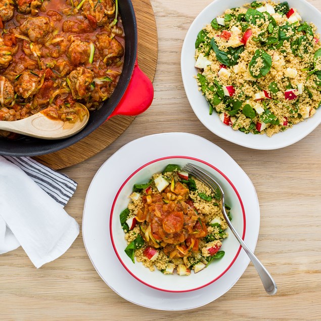 Toulouse Pork Meatballs with Couscous and Spinach Salad