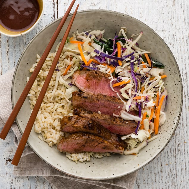 Sticky Lamb with Brown Rice and Sesame Slaw