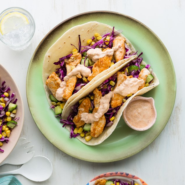 Mexican Chicken Tacos with Charred Corn & Salsa Roja Crème
