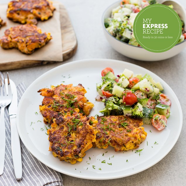 Bacon, Kumara and Corn Cakes with Broccoli Salad