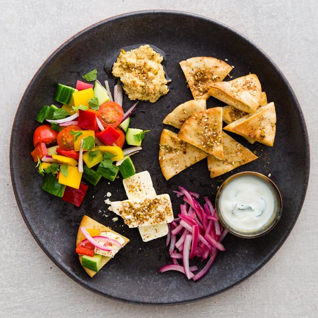 Greek Mezze Platter with Crispy Pita Chips and Sumac Pistachio Feta