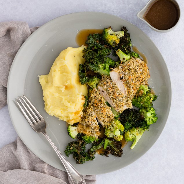 Herb Crumbed Chicken with Gravy, Mash & Kalettes