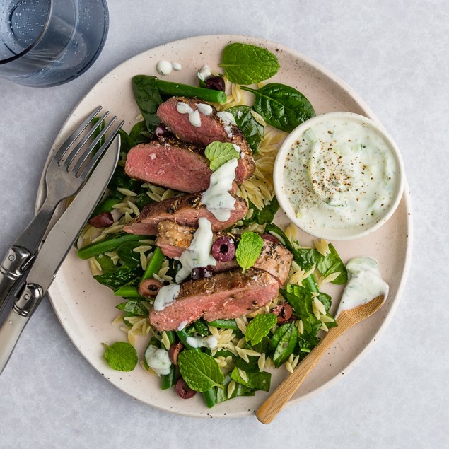 Greek Lamb Steaks with Warm Orzo Salad & Tzatziki