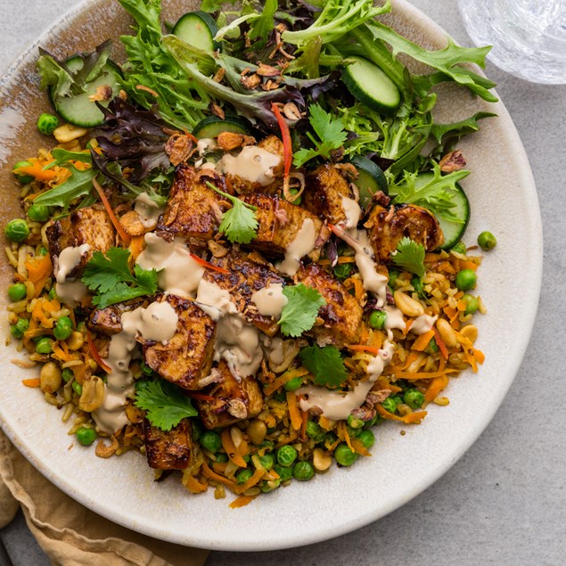 Tamarind Glazed Tofu with Ginger Rice & Coconut Peanut Sauce