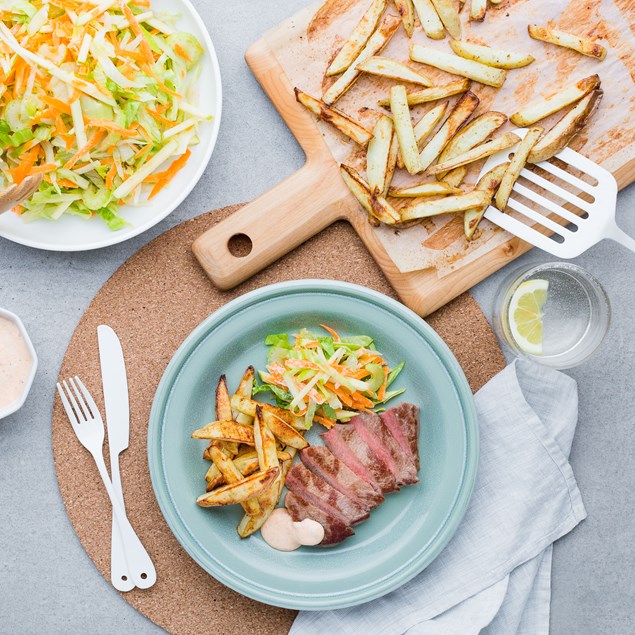 Beef Sirloin with Garlic Salt Chips and Harissa Mayo
