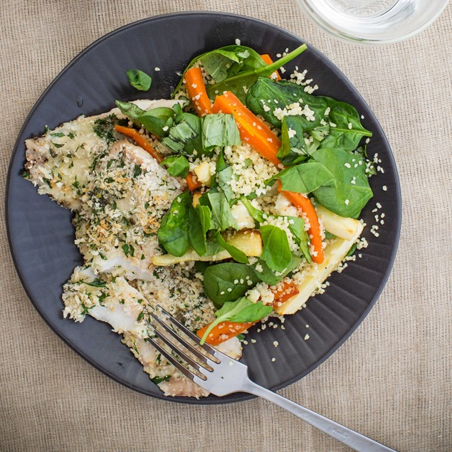 Lemon, Caper and Parsley-Crusted Fish with Caramelised Vegetable and Feta Couscous