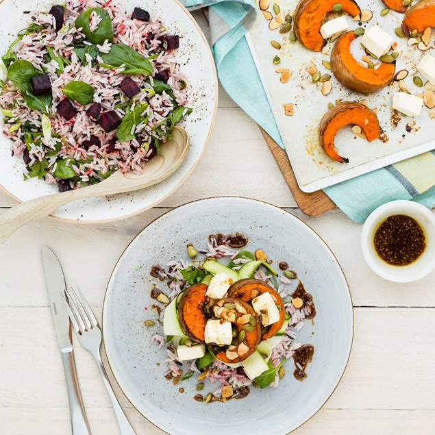 Maple Roasted Butterkin with Feta and Wild Rice