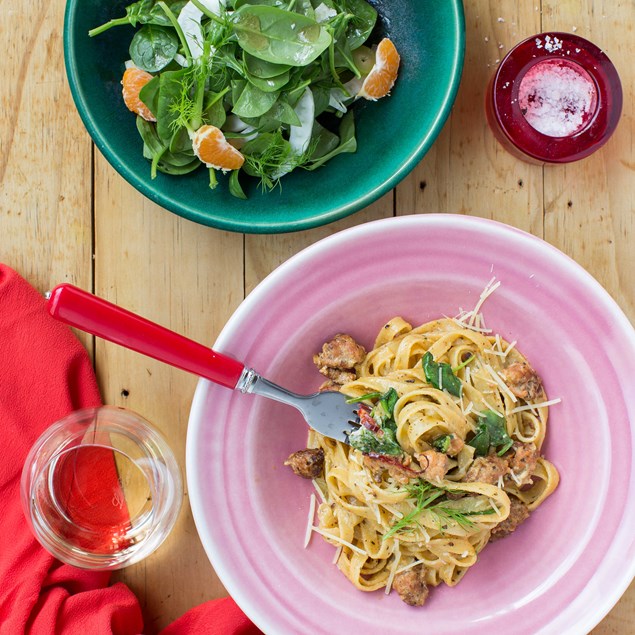 Chorizo and Rosemary Linguine with Fennel and Orange Salad
