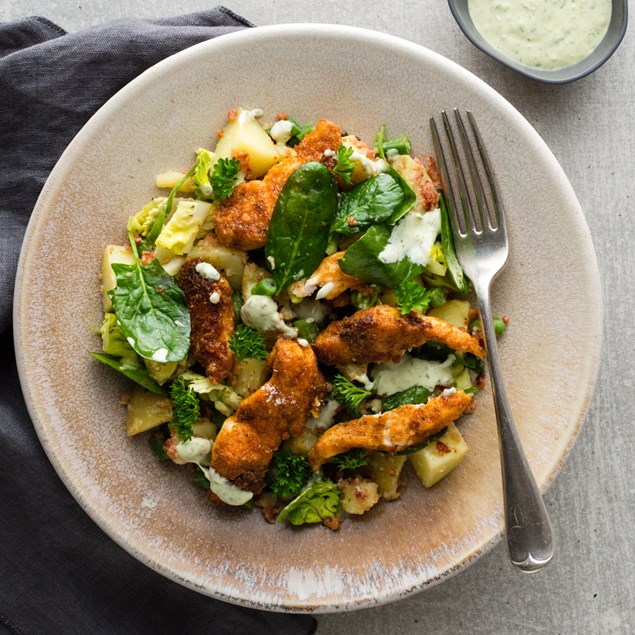 Crispy Chicken with Watercress Potato Caesar