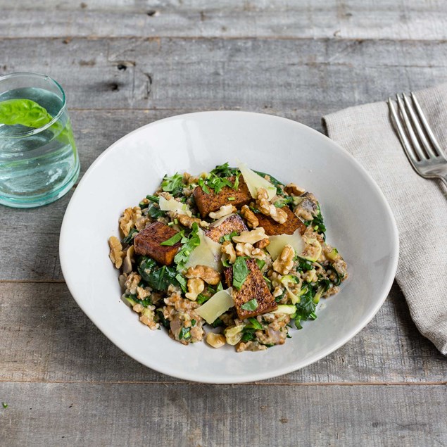 Balsamic-Glazed Tofu with Spinach and Mushroom Farro Risotto