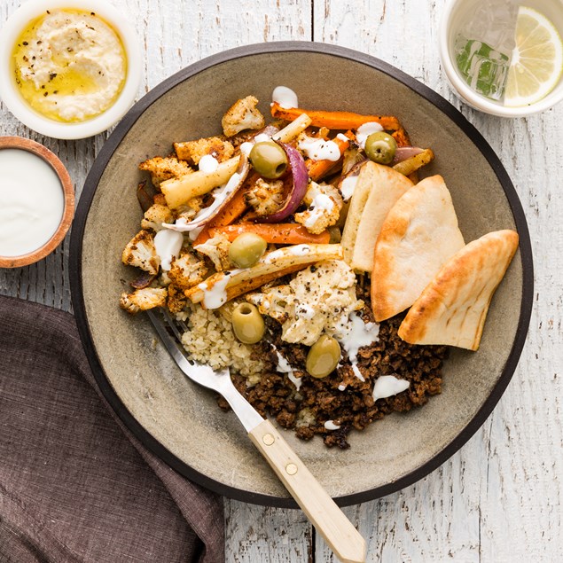 Middle Eastern Beef Bowl with Garlic Pita