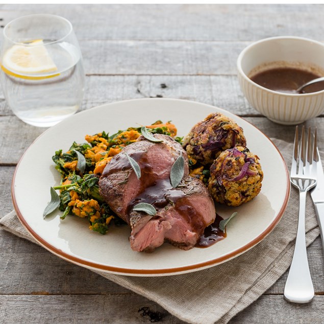 Butterflied Lamb with Stuffing Balls and Honeyed Kumara