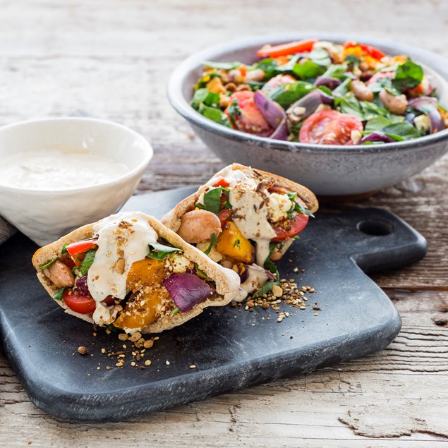 Dukkah Roast Pumpkin Pita Pockets with Lemon Hummus