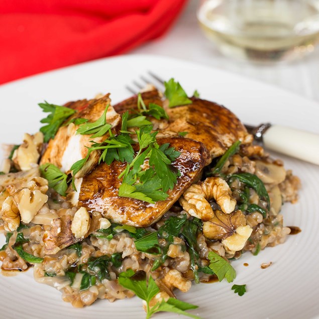 Balsamic-Glazed Chicken with Spinach and Mushroom Farro Risotto