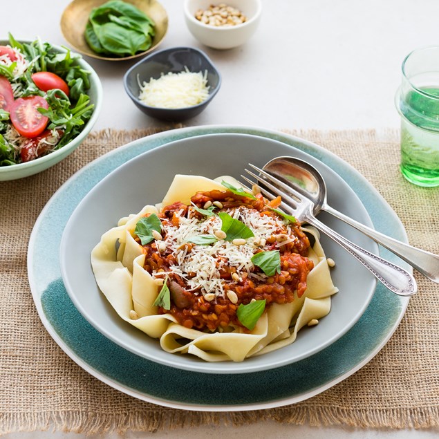 Lentil Bolognaise with Parmesan and Rocket Salad